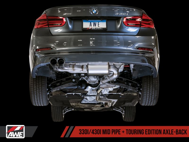 AWE Tuning BMW F3X 28i / 30i Touring Edition Axle-Back Exhaust: Single Side with 80mm Black Tips - Elevate Your Drive!