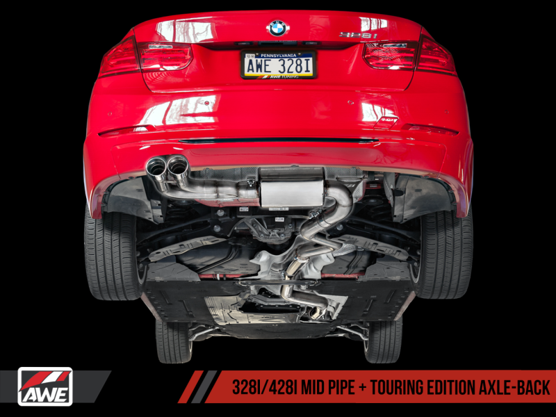 AWE Tuning BMW F3X 28i / 30i Touring Edition Axle-Back Exhaust: Single Side with 80mm Black Tips - Elevate Your Drive!
