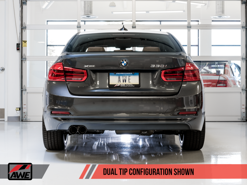 AWE Tuning BMW F3X 28i / 30i Touring Edition Axle-Back Exhaust: Single Side with 80mm Black Tips - Elevate Your Drive!