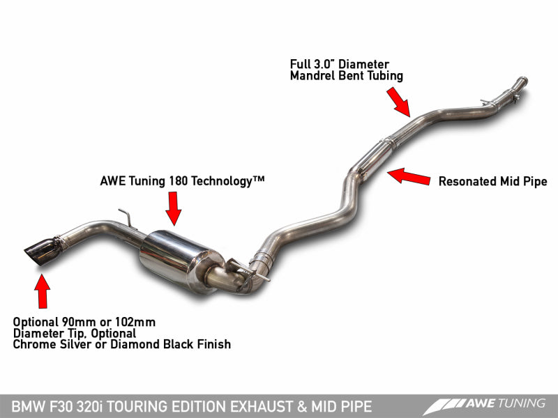 AWE Tuning 2013 - 2018 BMW 320i (F30) Touring Edition Exhaust with Performance Mid Pipe - Diamond Black Tips