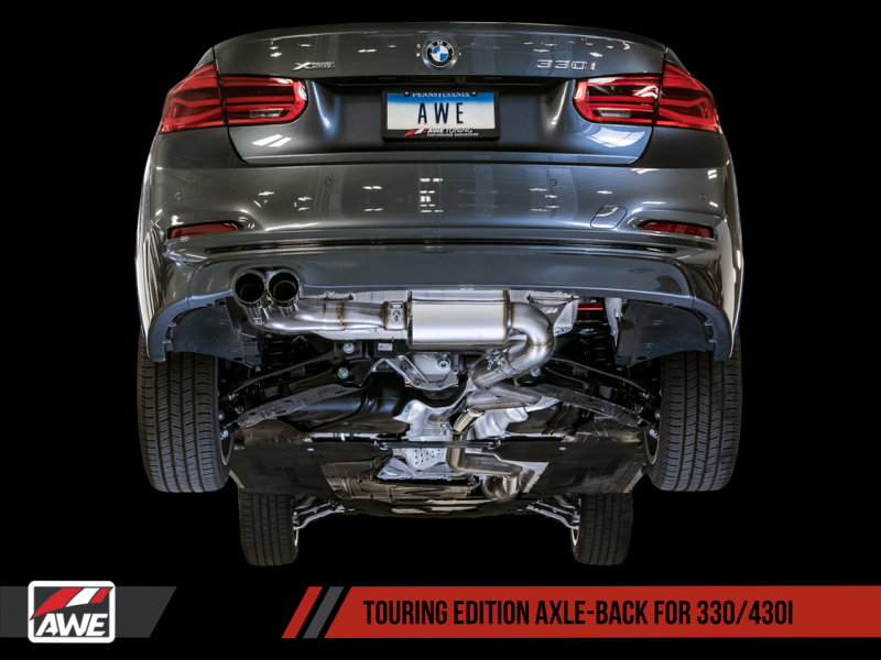 AWE Tuning BMW F3X 28i / 30i Touring Edition Axle-Back Exhaust: Single Side with 80mm Black Tips - Elevate Your Drive!