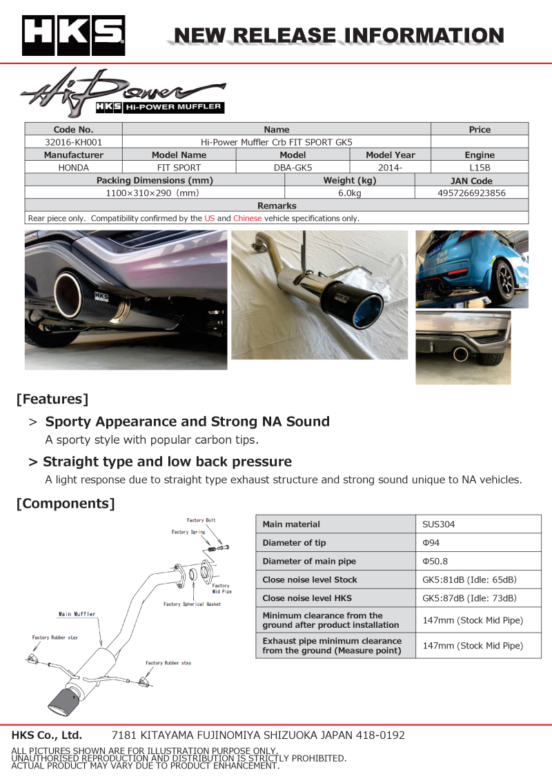 Get the Stunning HKS Hi-Power Muffler for 2014+ Honda Fit Sport GK5 with Carbon Tips Now!