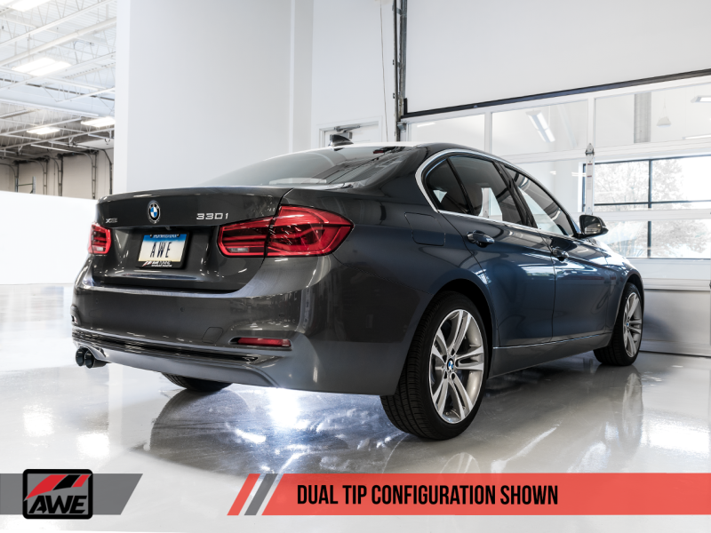 AWE Tuning BMW F3X 28i / 30i Touring Edition Axle-Back Exhaust: Single Side with 80mm Black Tips - Elevate Your Drive!
