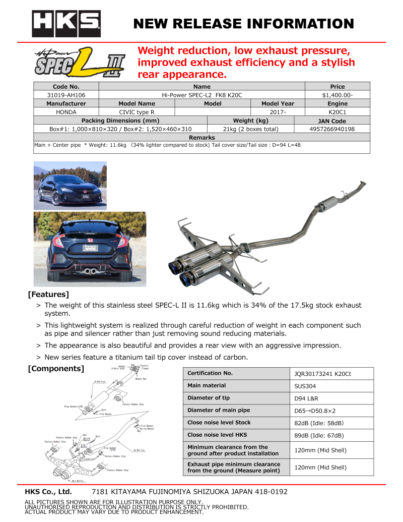 Rev Up Your Ride with HKS Hi - Power Muffler SPEC - L2 FK8 K20C