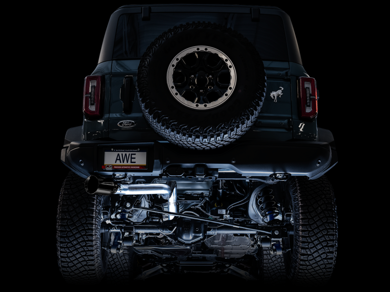 AWE Tuning 2021+ Ford Bronco 0FG Single Rear Exit Exhaust: Unleash Your Bronco's Beast with Diamond Black Tip & Bash Guard