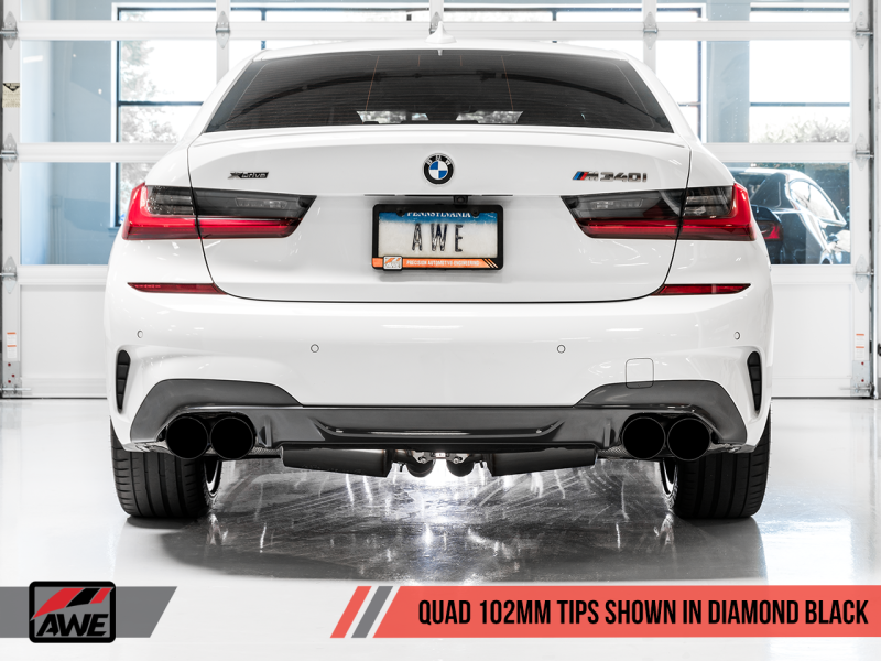 AWE Tuning 2019+ BMW M340i (G20) Track Edition Exhaust - Get the Raw, Rowdy Sound with Quad Diamond Black Tips
