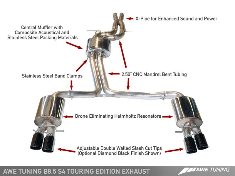 AWE Tuning Audi B8 / B8.5 S4 3.0T Touring Edition Exhaust - Stunning Diamond Black Tips (90mm)