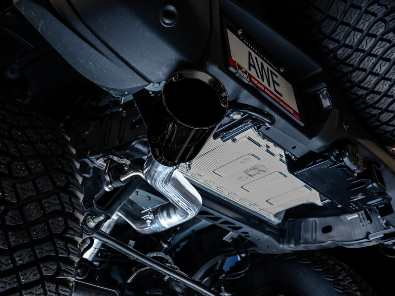 AWE Tuning 2021+ Ford Bronco 0FG Single Rear Exit Exhaust: Unleash Your Bronco's Beast with Diamond Black Tip & Bash Guard