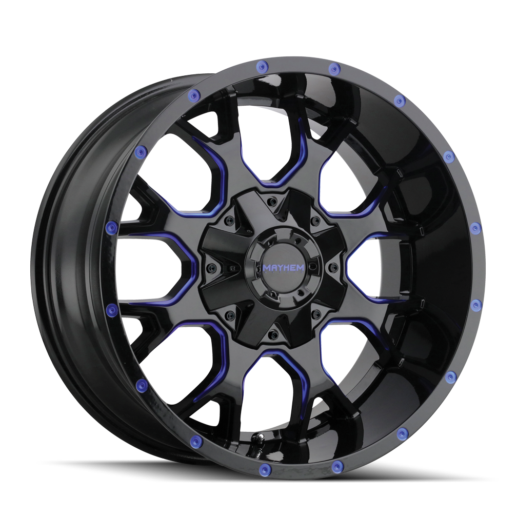 MAYHEM WARRIOR - Stunning 17x9 Gloss Black Milled Prism Blue Wheels