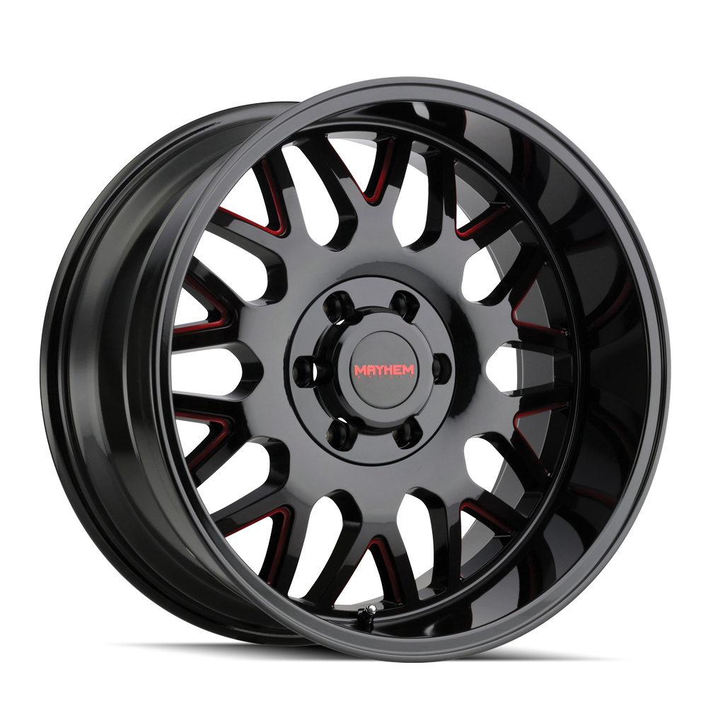 MAYHEM TRIPWIRE 20x9 Gloss Black Milled Prism Red Wheels - A Stunning Upgrade!